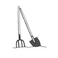 Contour shovel and pitchfork in the ground, isolated on a white background.